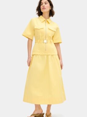 Yellow Zip Front Belted Shirt Dress
